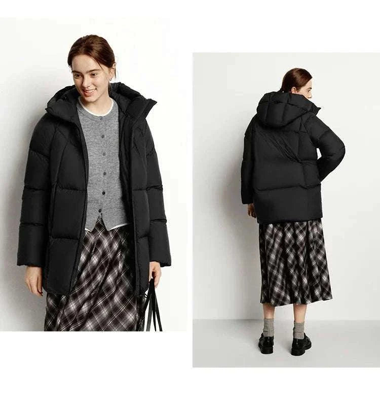 Women's 90% Down Mid-Length Winter Jacket with Hood & Stain Protection-Black / XS / China Mainland