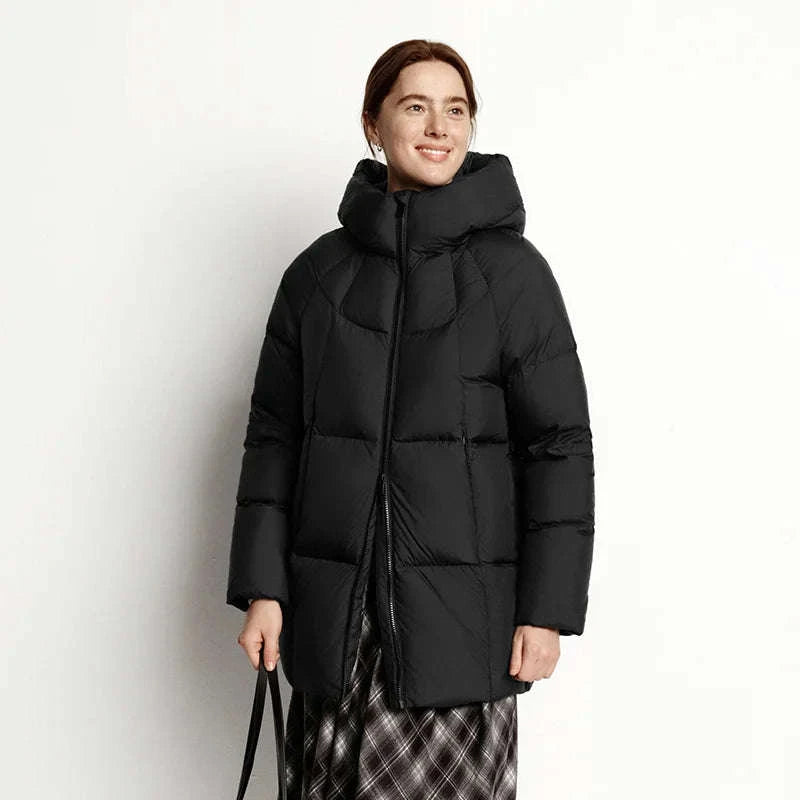 Women's 90% Down Mid-Length Winter Jacket with Hood & Stain Protection-Black / XS / China Mainland