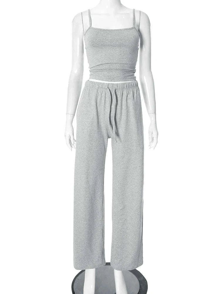 Women’s Backless Camisole & Wide Leg Pants 2-Piece Lounge Set-GRAY / S