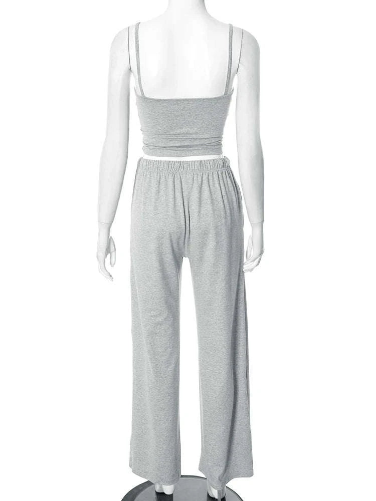 Women’s Backless Camisole & Wide Leg Pants 2-Piece Lounge Set-GRAY / S