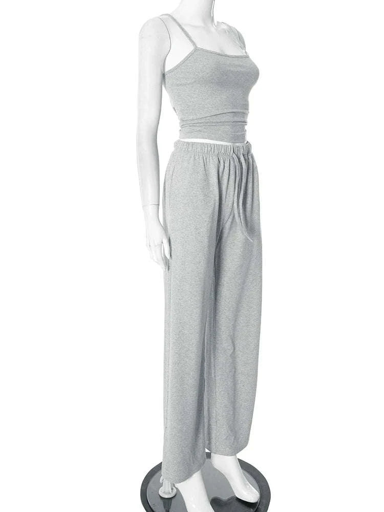 Women’s Backless Camisole & Wide Leg Pants 2-Piece Lounge Set-GRAY / S