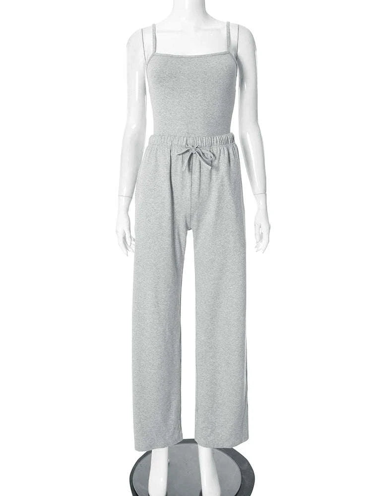 Women’s Backless Camisole & Wide Leg Pants 2-Piece Lounge Set-GRAY / S