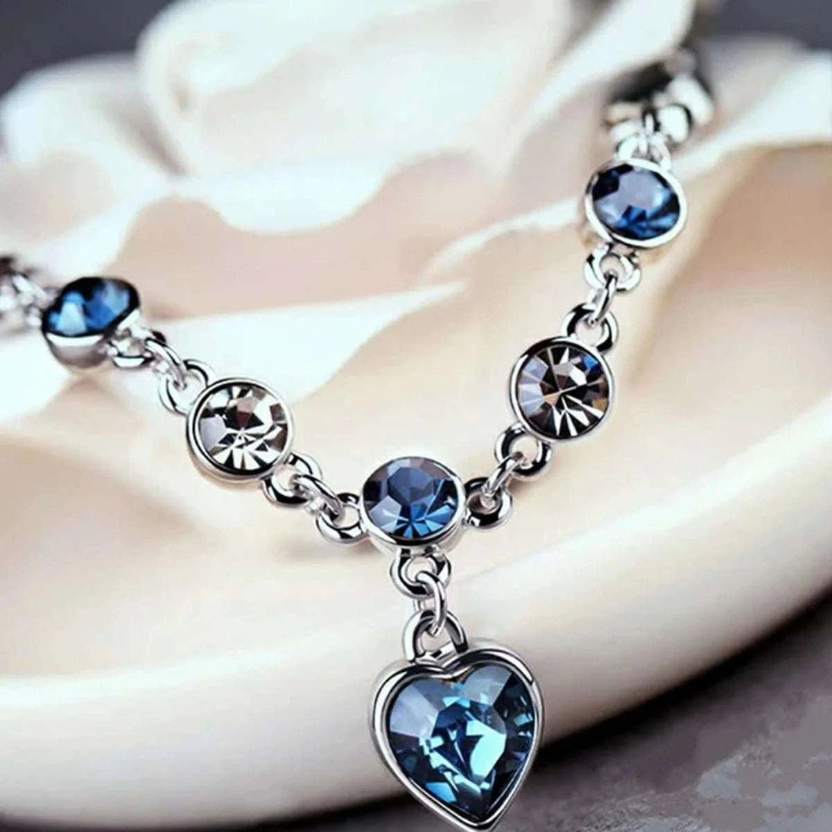 Women’s Blue Crystal Heart Bracelet in Silver Tone-ASL70250