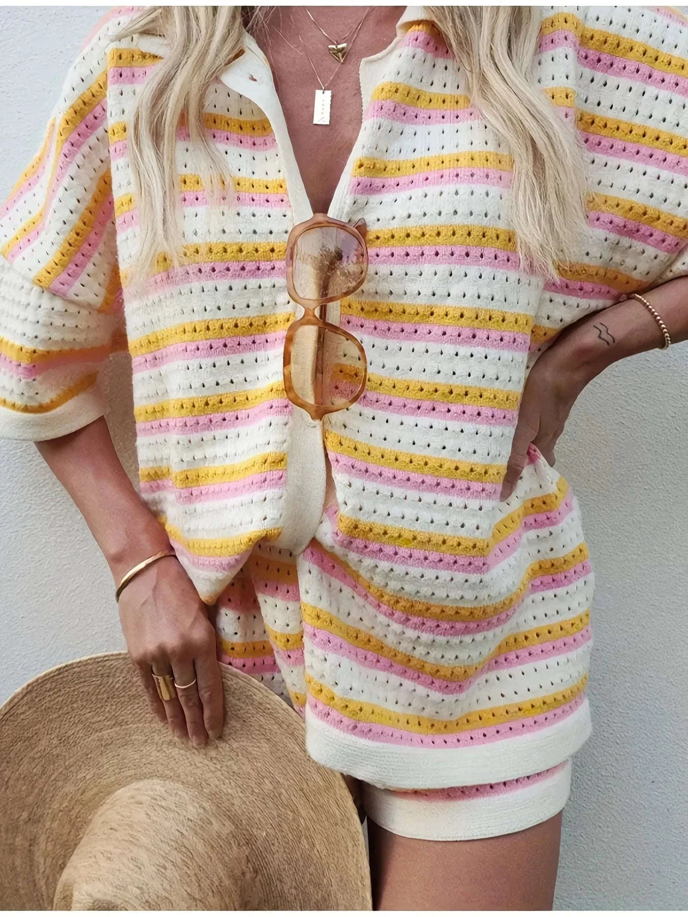 Women’s Breathable Striped Knit Cardigan & Shorts Lounge Set-Mixed Color / S