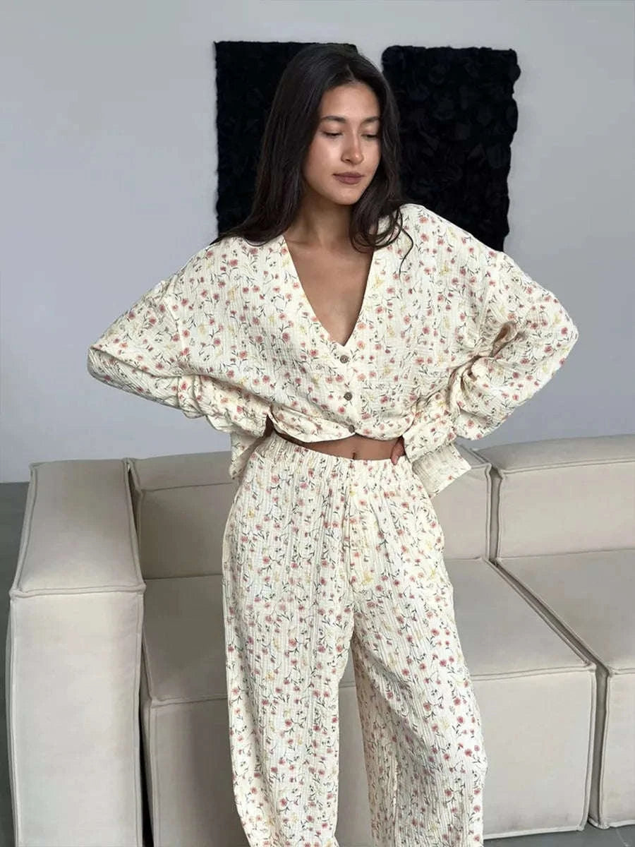 Women's Cotton Floral Pajama Set Long Sleeve Cardigan Top & Pants-Printing / S
