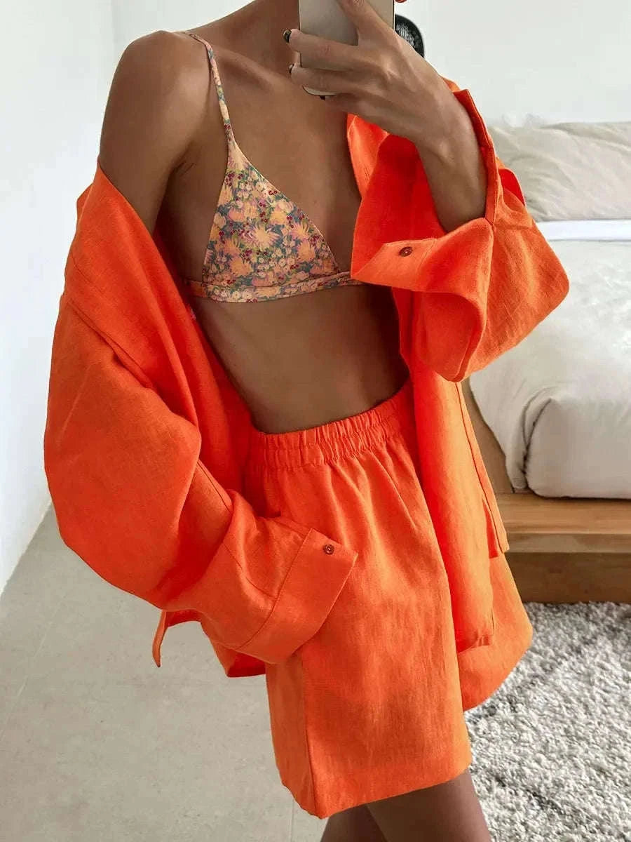 Women's Cotton Lounge Set Shirt and Shorts Casual Summer Outfit-Orange / M