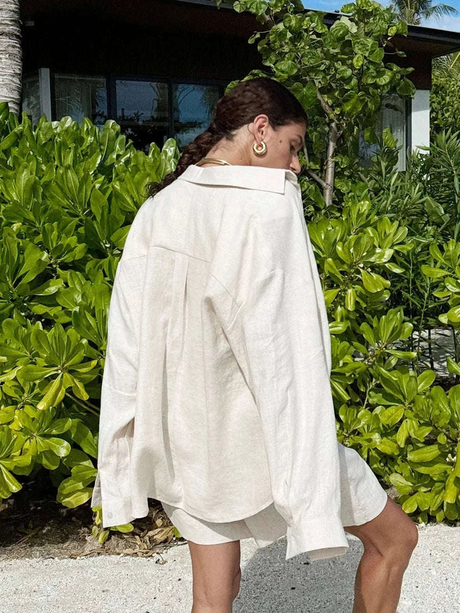 Women's Cotton Lounge Set Shirt and Shorts Casual Summer Outfit-Orange / M