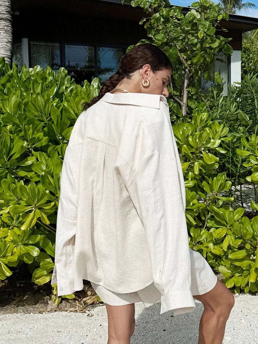 Women's Cotton Lounge Set Shirt and Shorts Casual Summer Outfit-Orange / M