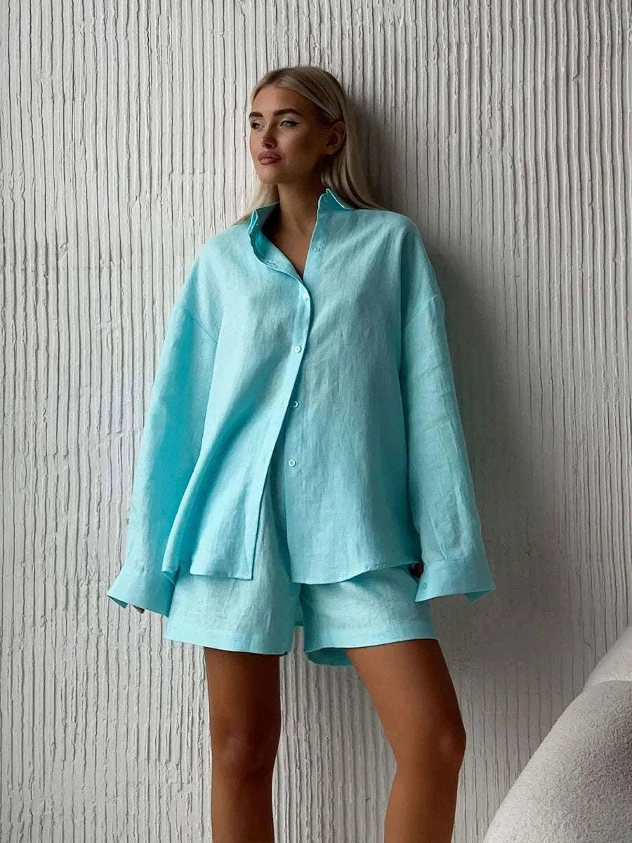 Women's Cotton Lounge Set Shirt and Shorts Casual Summer Outfit-Orange / M