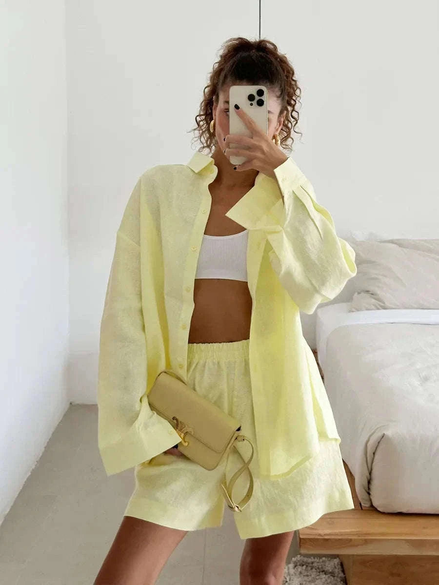 Women's Cotton Lounge Set Shirt and Shorts Casual Summer Outfit-Orange / M