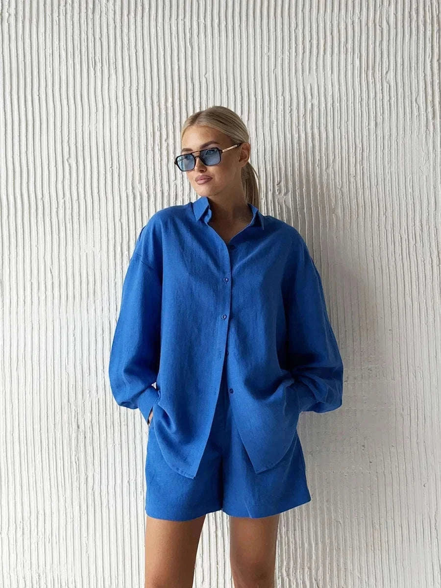 Women's Cotton Lounge Set Shirt and Shorts Casual Summer Outfit-Orange / M
