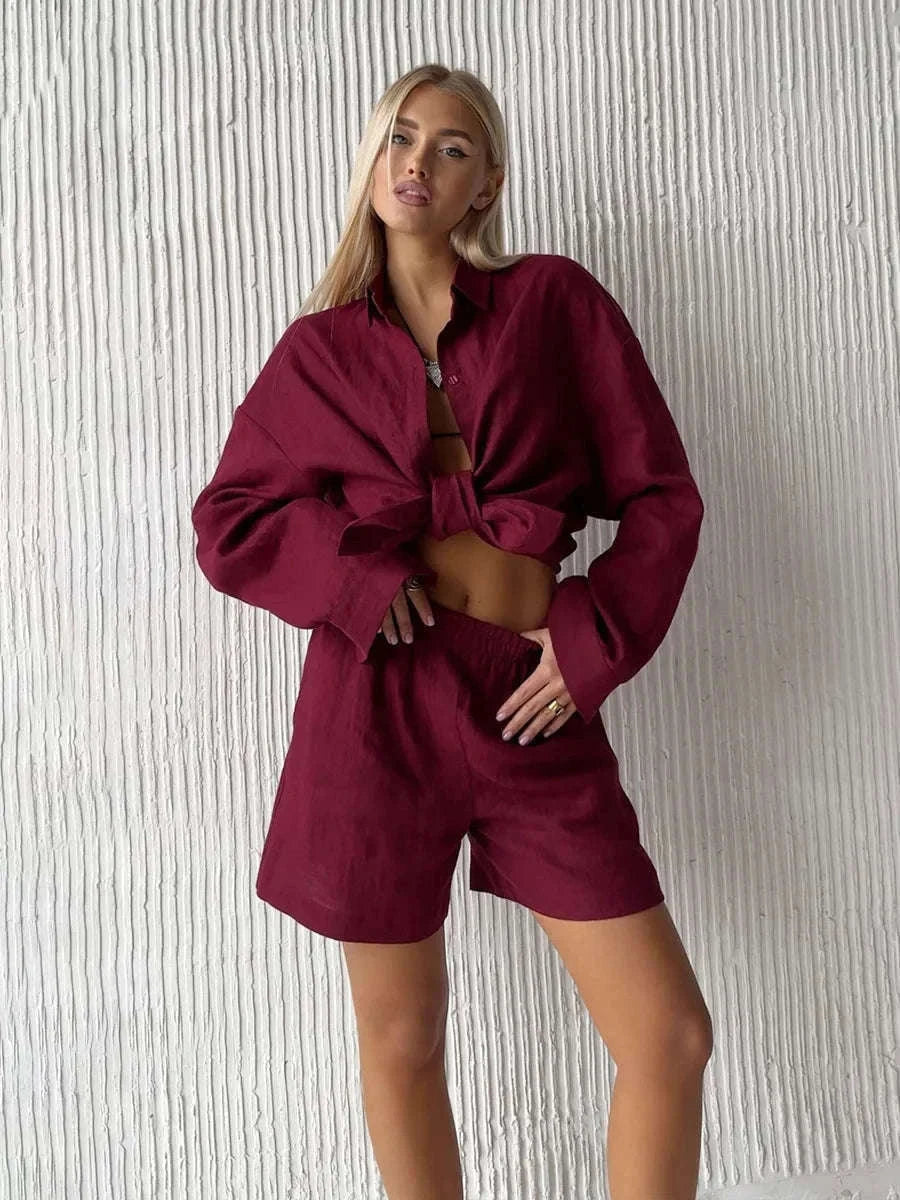 Women's Cotton Lounge Set Shirt and Shorts Casual Summer Outfit-Orange / M