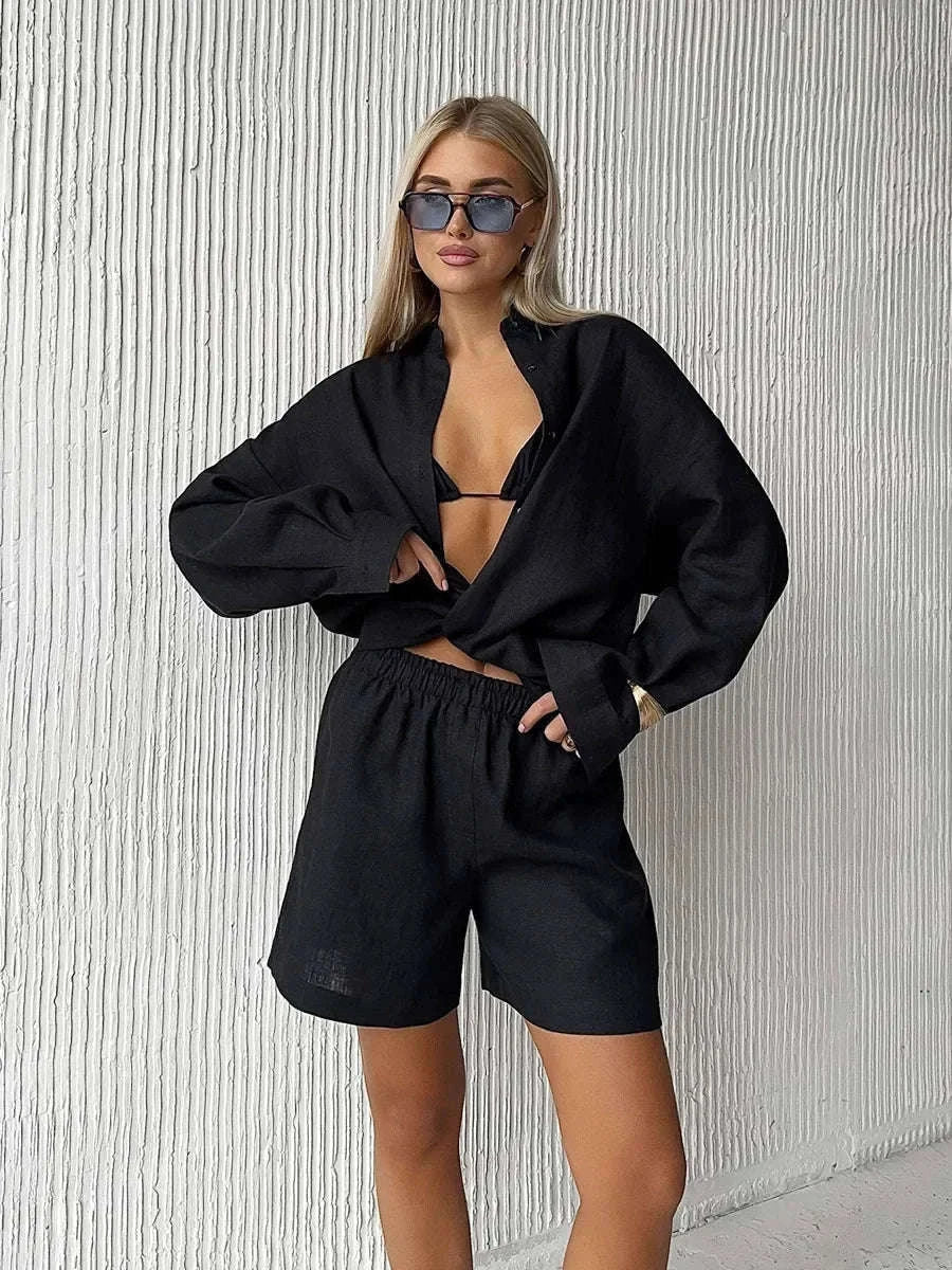 Women's Cotton Lounge Set Shirt and Shorts Casual Summer Outfit-Orange / M