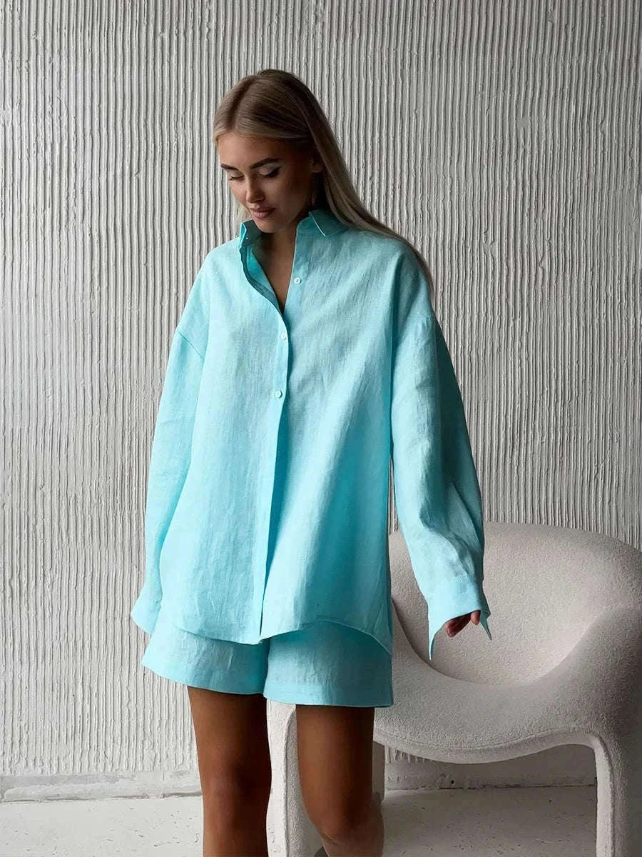 Women's Cotton Lounge Set Shirt and Shorts Casual Summer Outfit-Orange / M