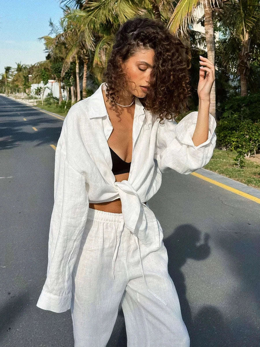 Women’s Cotton Lounge Set with Relaxed Shirt and Wide Leg Pants-Black / L