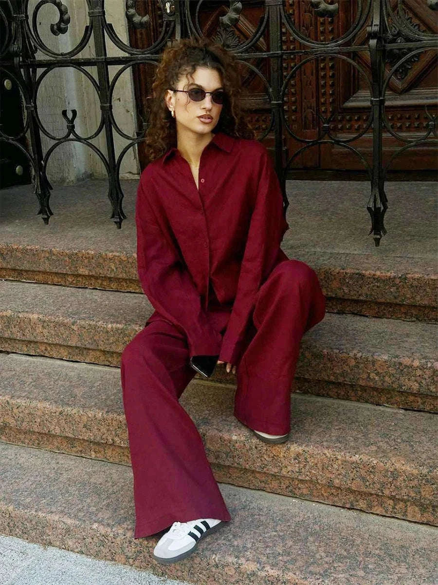 Women’s Cotton Lounge Set with Relaxed Shirt and Wide Leg Pants-Black / L