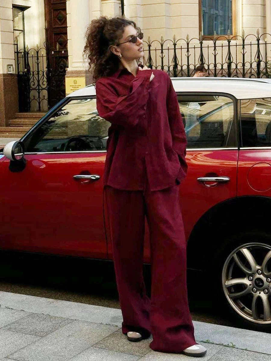 Women’s Cotton Lounge Set with Relaxed Shirt and Wide Leg Pants-Black / L