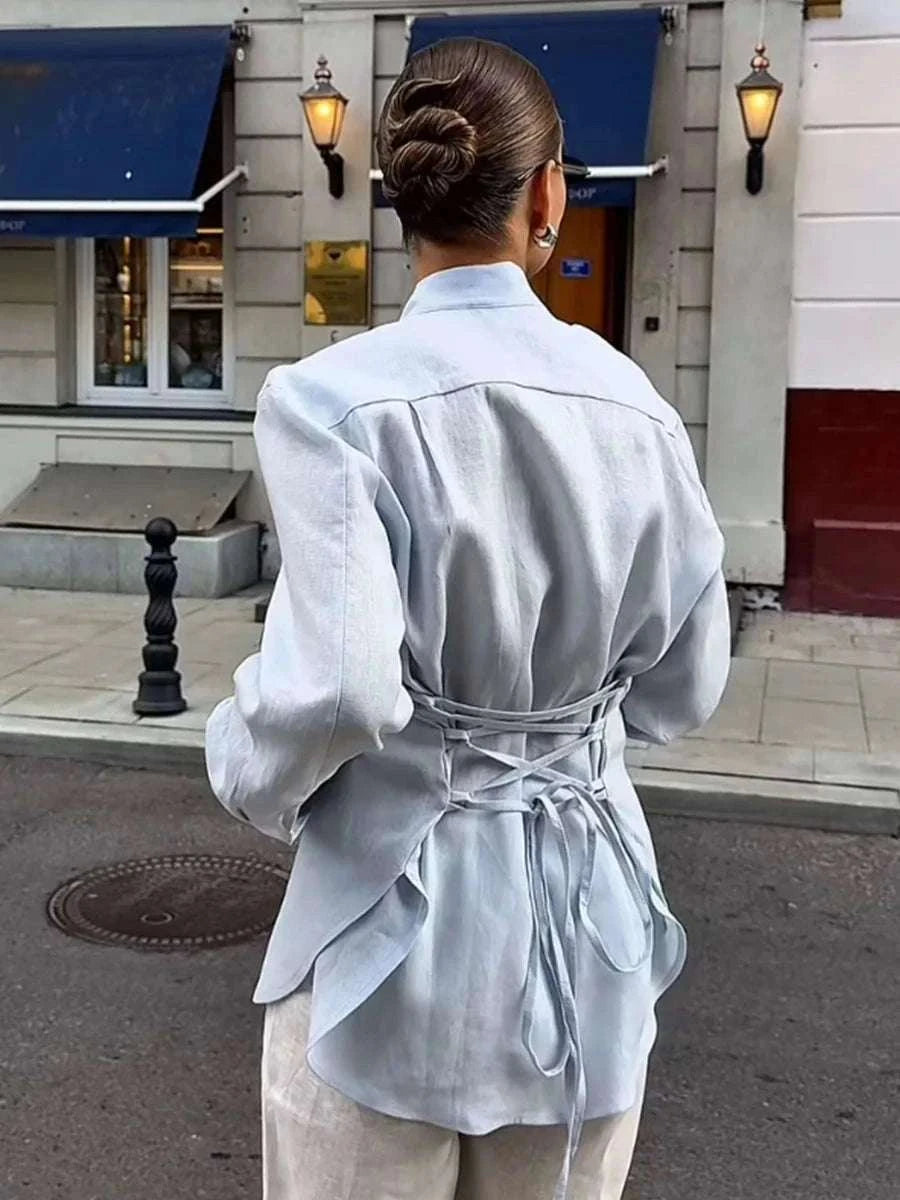 Women’s Cotton Tie Waist Shirt Cardigan Slim Fit Office Layer-Blue / L