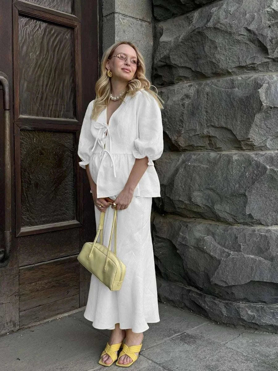 Women’s Cotton V-Neck Blouse & Long Skirt Two-Piece Set-Coffee / M