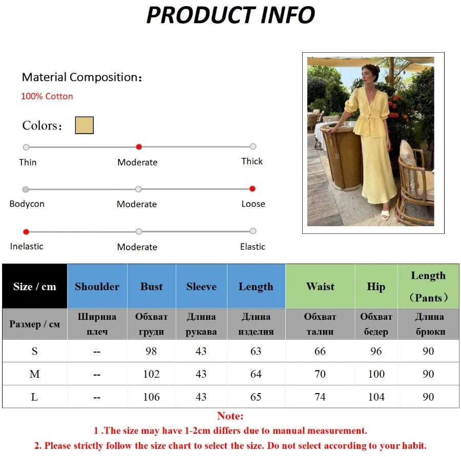 Women’s Cotton V-Neck Blouse & Long Skirt Two-Piece Set-Coffee / M