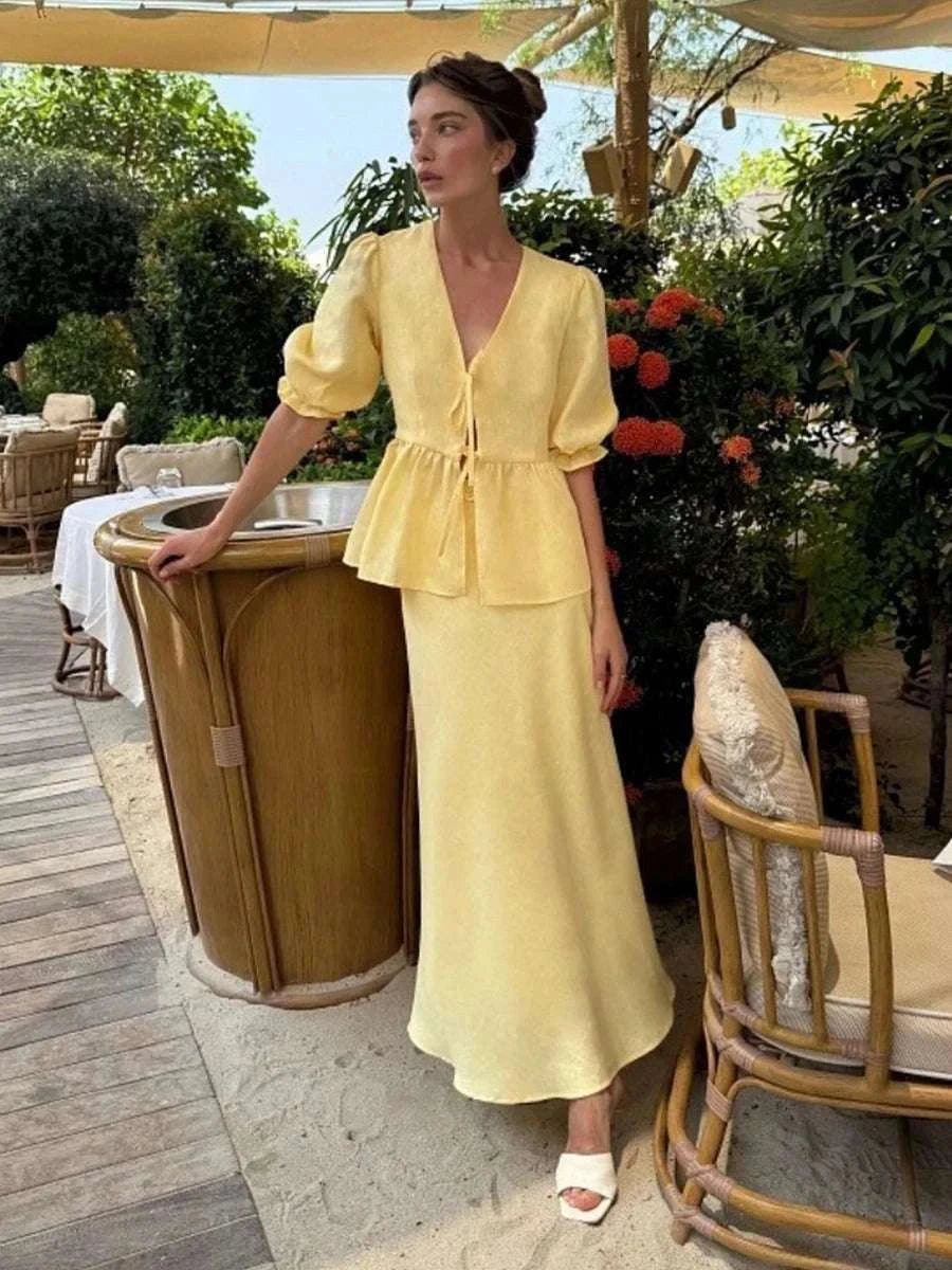 Women’s Cotton V-Neck Blouse & Long Skirt Two-Piece Set-Coffee / M