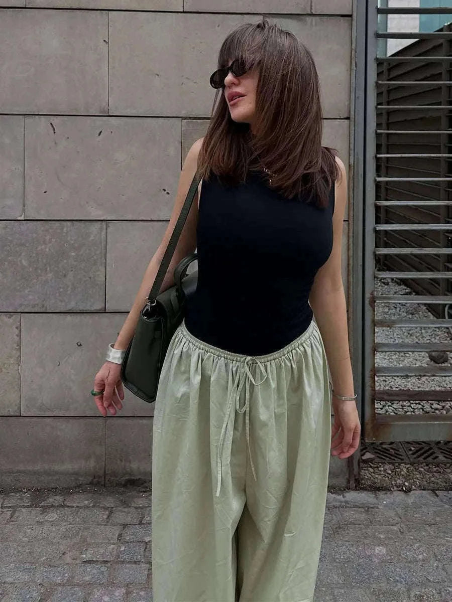 Women’s Cotton Wide Leg Lantern Pants – Loose Elastic Waist Casual Trousers-PInk / L