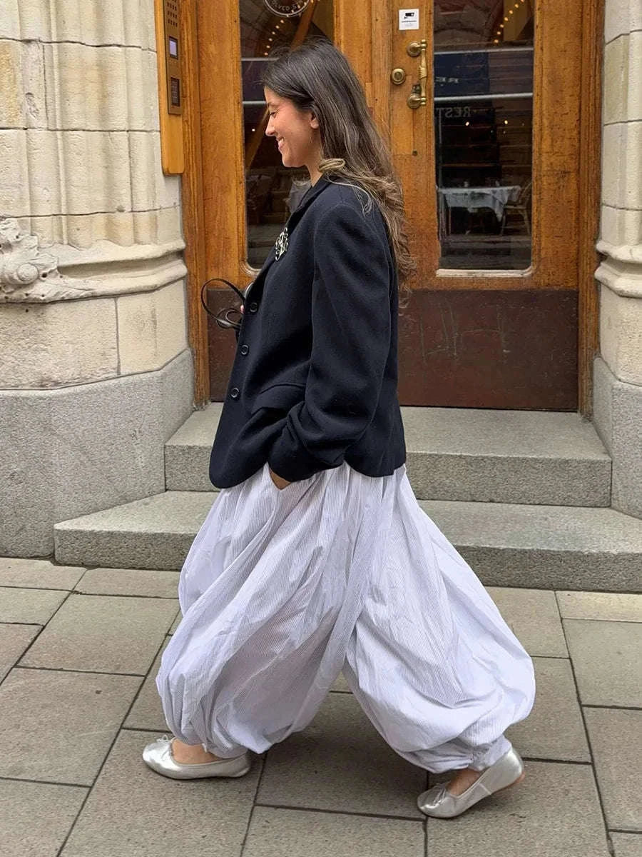Women’s Cotton Wide Leg Lantern Pants – Loose Elastic Waist Casual Trousers-PInk / L