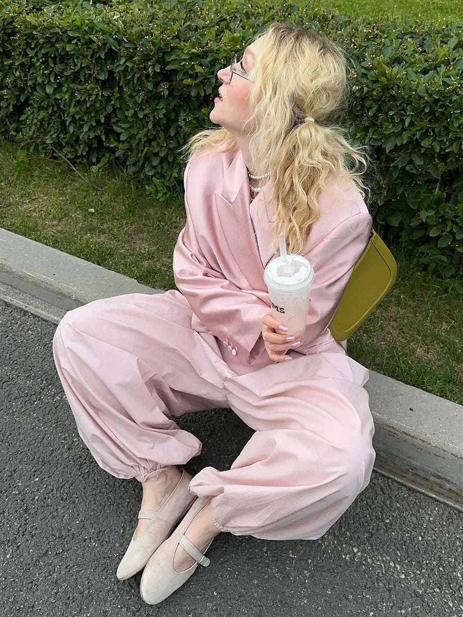 Women’s Cotton Wide Leg Lantern Pants – Loose Elastic Waist Casual Trousers-PInk / L