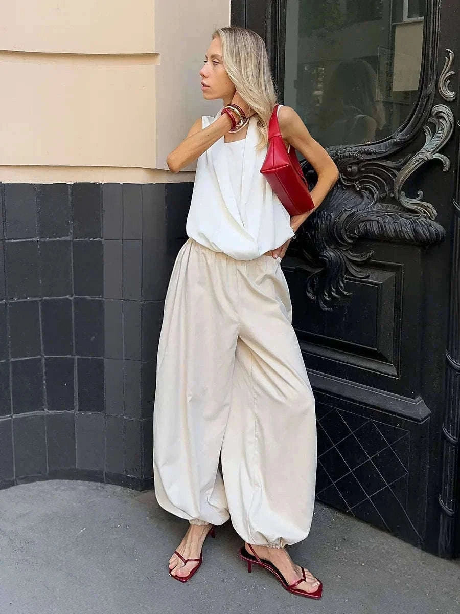 Women’s Cotton Wide Leg Lantern Pants – Loose Elastic Waist Casual Trousers-PInk / L