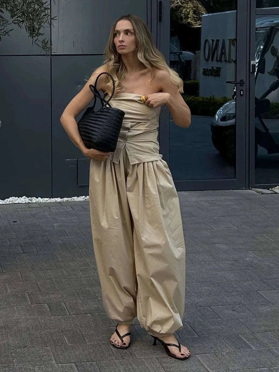 Women’s Cotton Wide Leg Lantern Pants – Loose Elastic Waist Casual Trousers-PInk / L