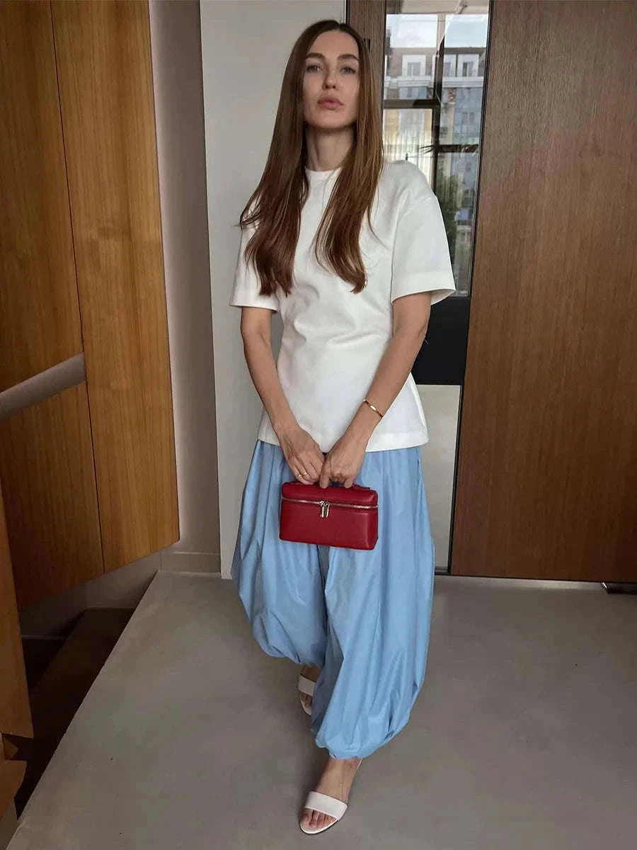 Women’s Cotton Wide Leg Lantern Pants – Loose Elastic Waist Casual Trousers-PInk / L
