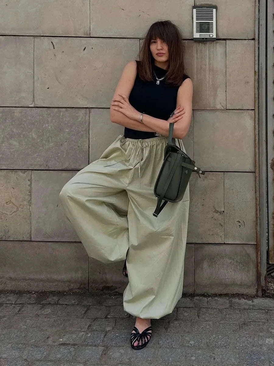 Women’s Cotton Wide Leg Lantern Pants – Loose Elastic Waist Casual Trousers-PInk / L