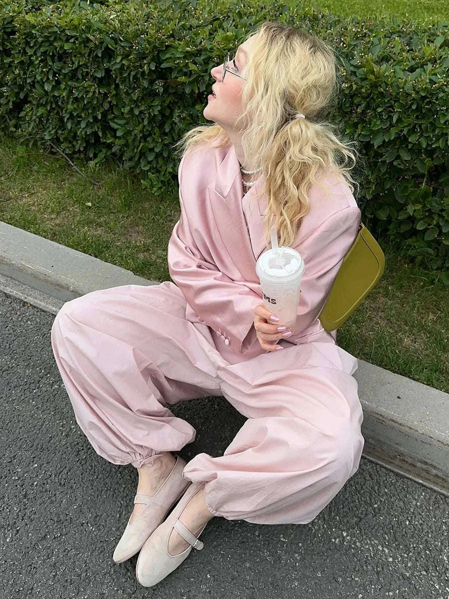 Women’s Cotton Wide Leg Lantern Pants – Loose Elastic Waist Casual Trousers-PInk / L