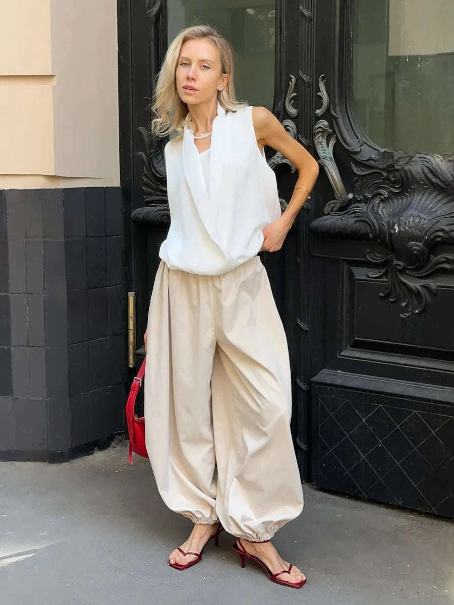 Women’s Cotton Wide Leg Lantern Pants – Loose Elastic Waist Casual Trousers-PInk / L
