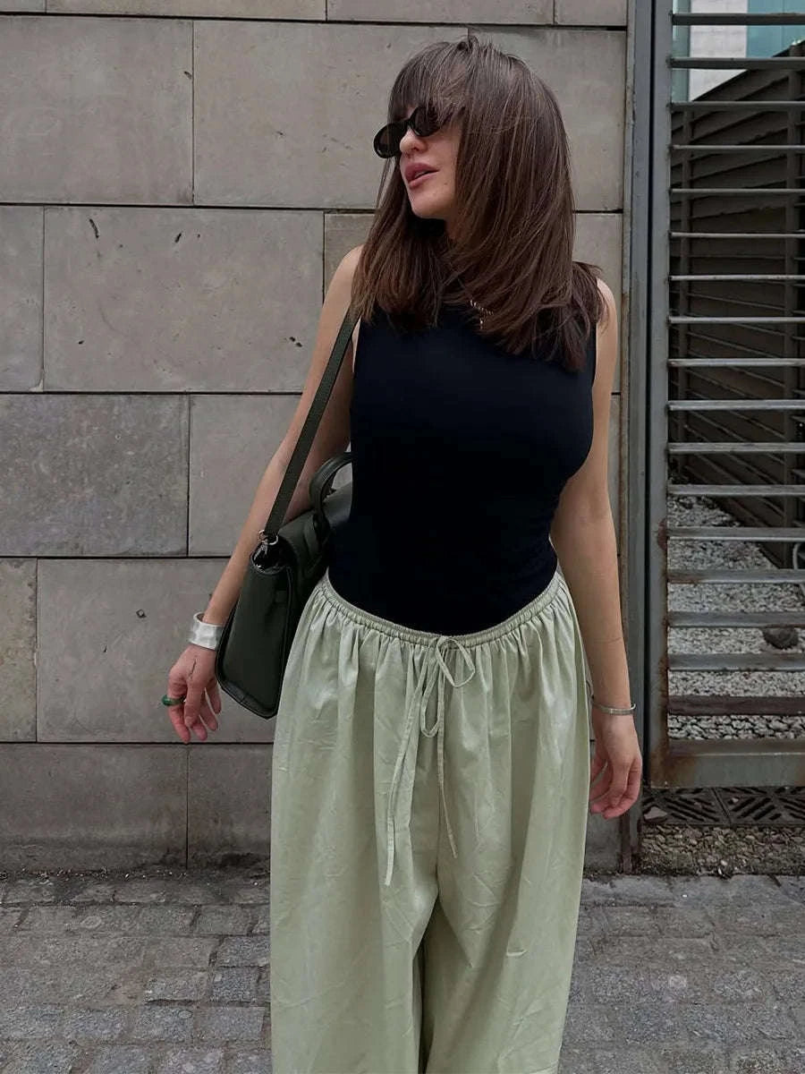 Women’s Cotton Wide Leg Lantern Pants – Loose Elastic Waist Casual Trousers-PInk / L