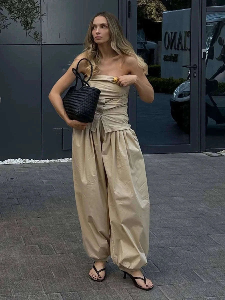 Women’s Cotton Wide Leg Lantern Pants – Loose Elastic Waist Casual Trousers-PInk / L