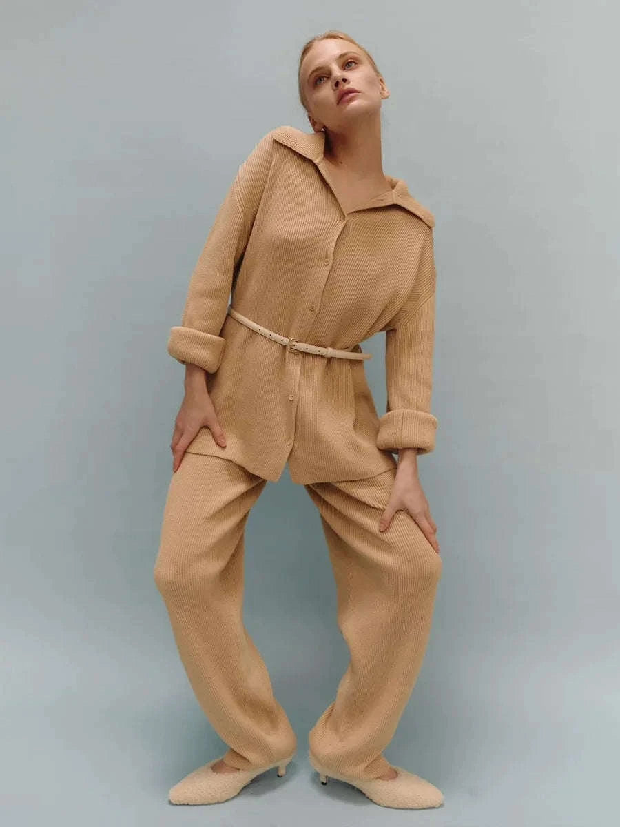 Women's Cozy Knit Cardigan and Pants Set – Warm 2 Piece Outfit-Apricot / M