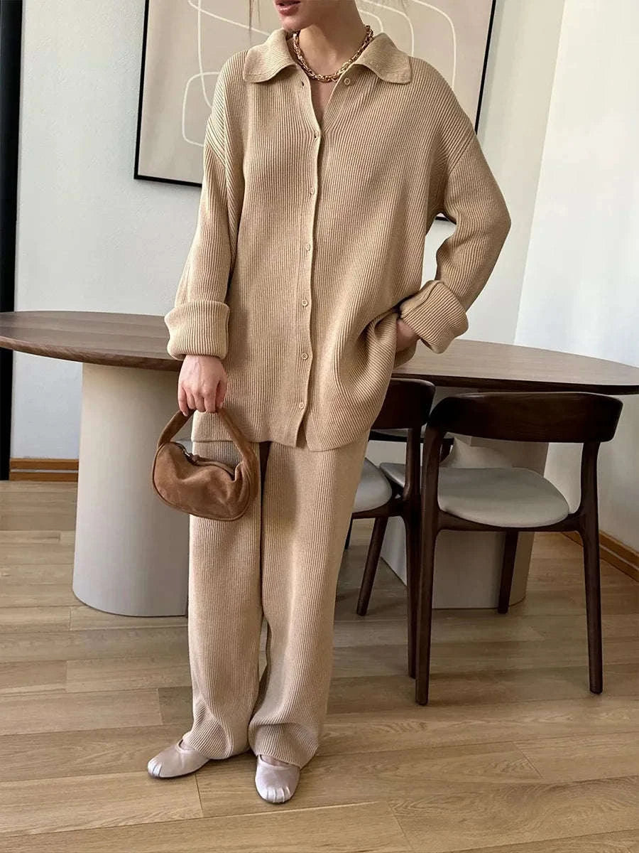 Women's Cozy Knit Cardigan and Pants Set – Warm 2 Piece Outfit-Apricot / M
