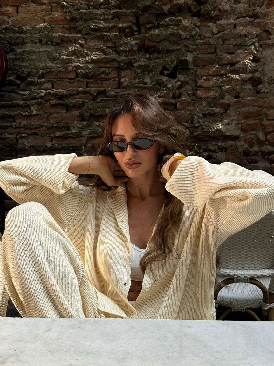 Women's Cozy Knit Cardigan and Pants Set – Warm 2 Piece Outfit-Apricot / M