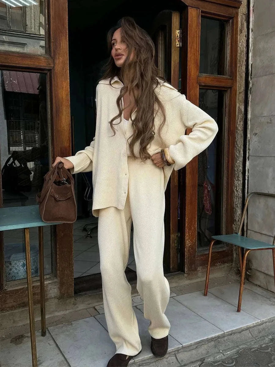 Women's Cozy Knit Cardigan and Pants Set – Warm 2 Piece Outfit-Apricot / M