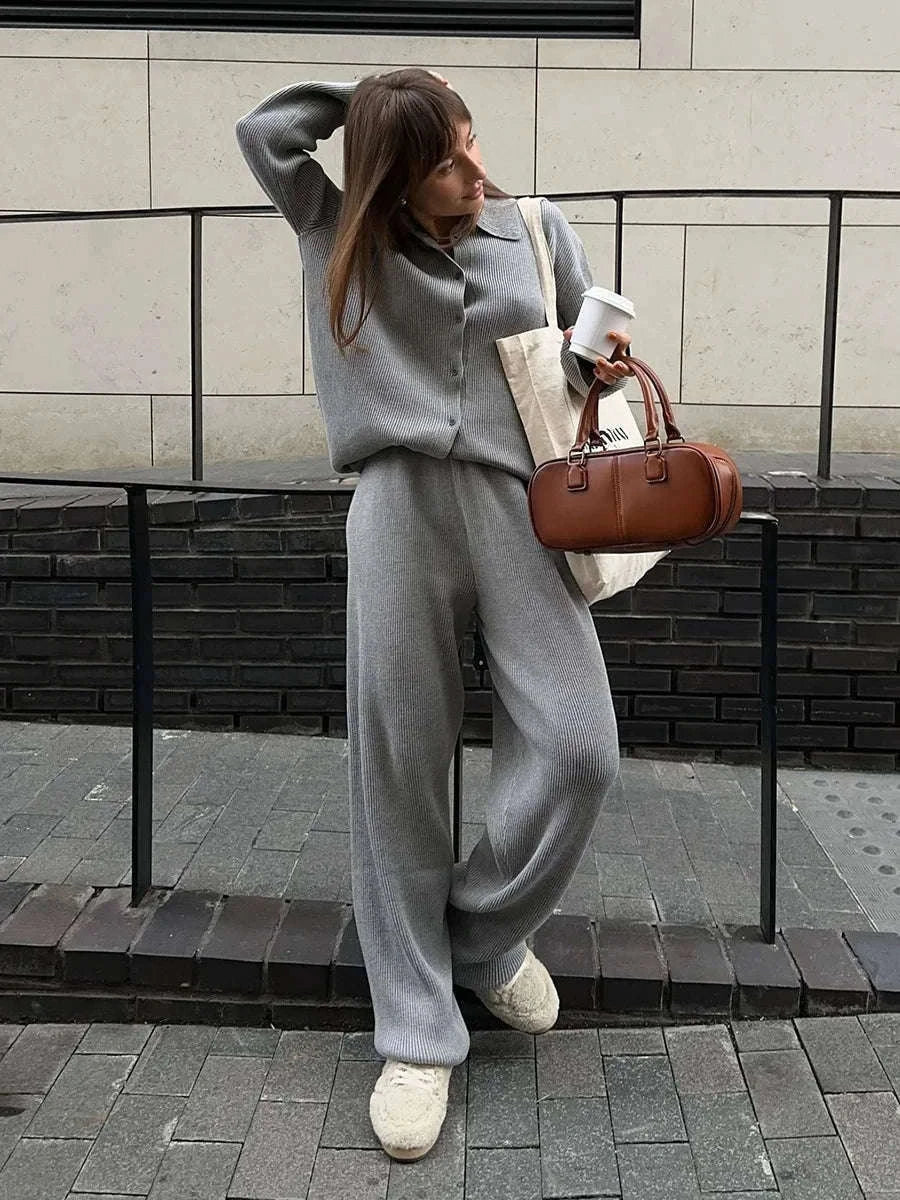 Women's Cozy Knit Cardigan and Pants Set – Warm 2 Piece Outfit-Apricot / M