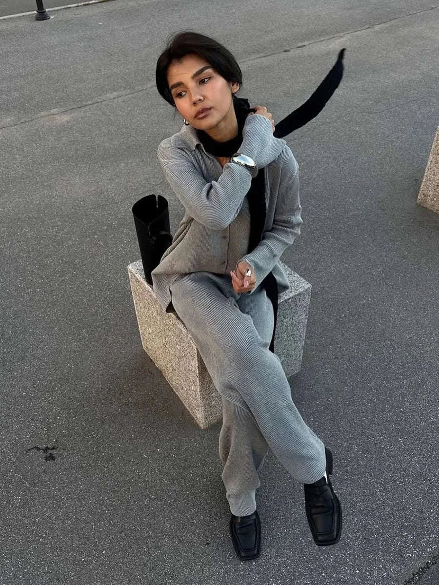 Women's Cozy Knit Cardigan and Pants Set – Warm 2 Piece Outfit-Apricot / M