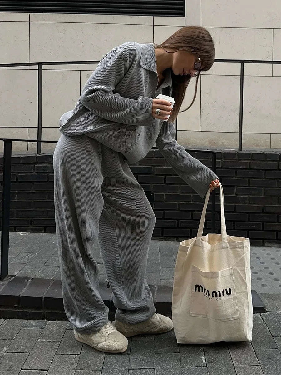 Women's Cozy Knit Cardigan and Pants Set – Warm 2 Piece Outfit-Apricot / M