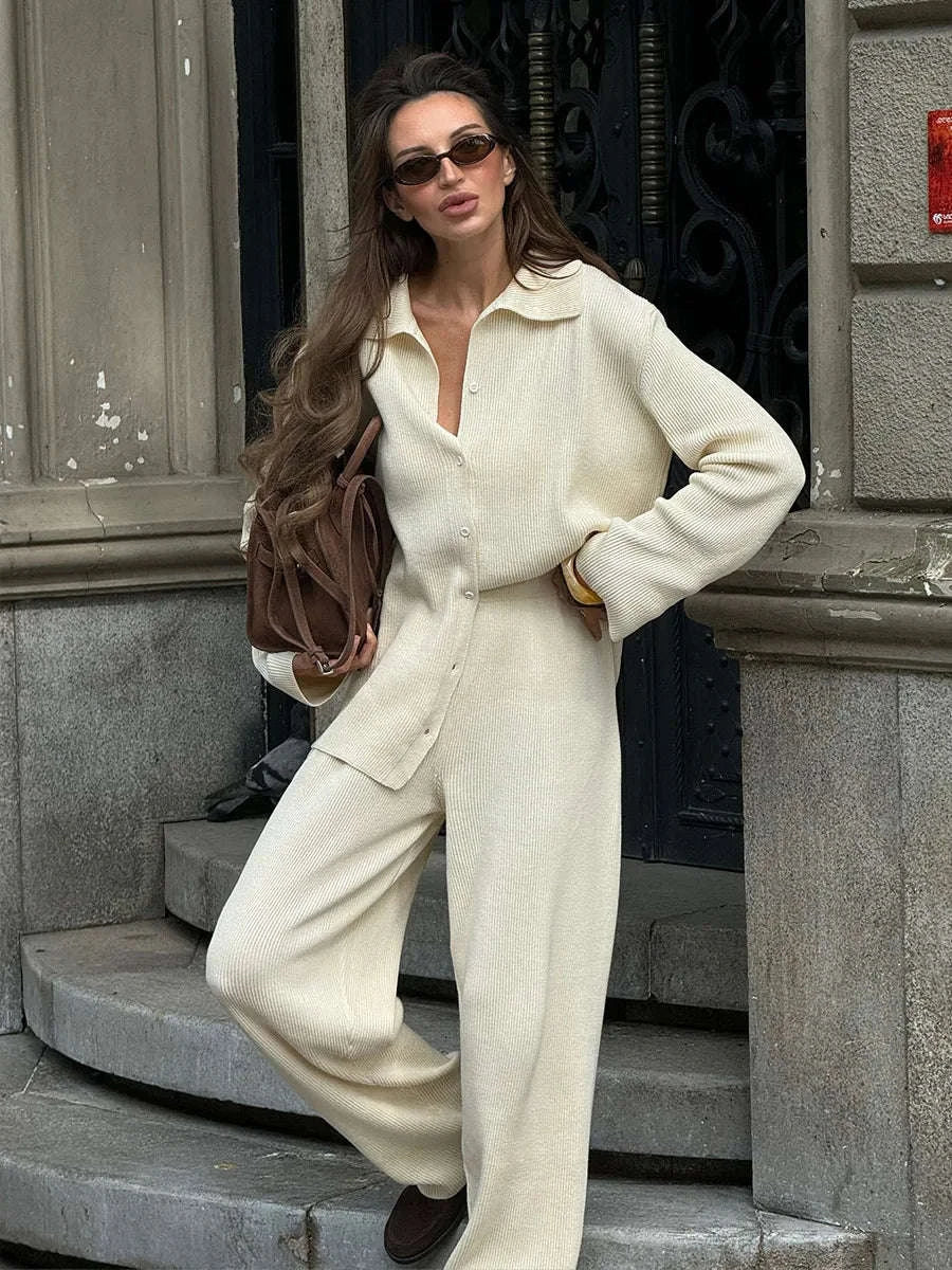 Women's Cozy Knit Cardigan and Pants Set – Warm 2 Piece Outfit-Apricot / M