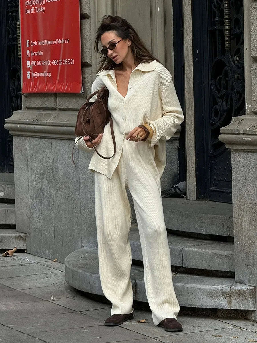 Women's Cozy Knit Cardigan and Pants Set – Warm 2 Piece Outfit-Apricot / M