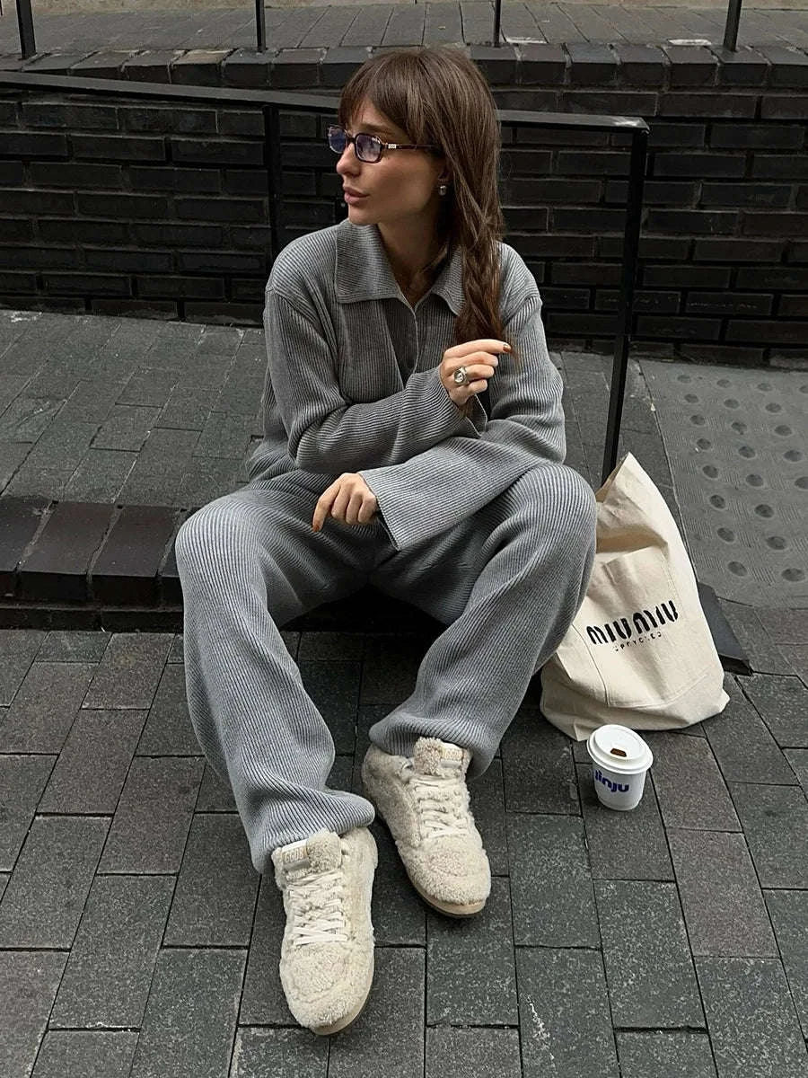 Women's Cozy Knit Cardigan and Pants Set – Warm 2 Piece Outfit-Apricot / M