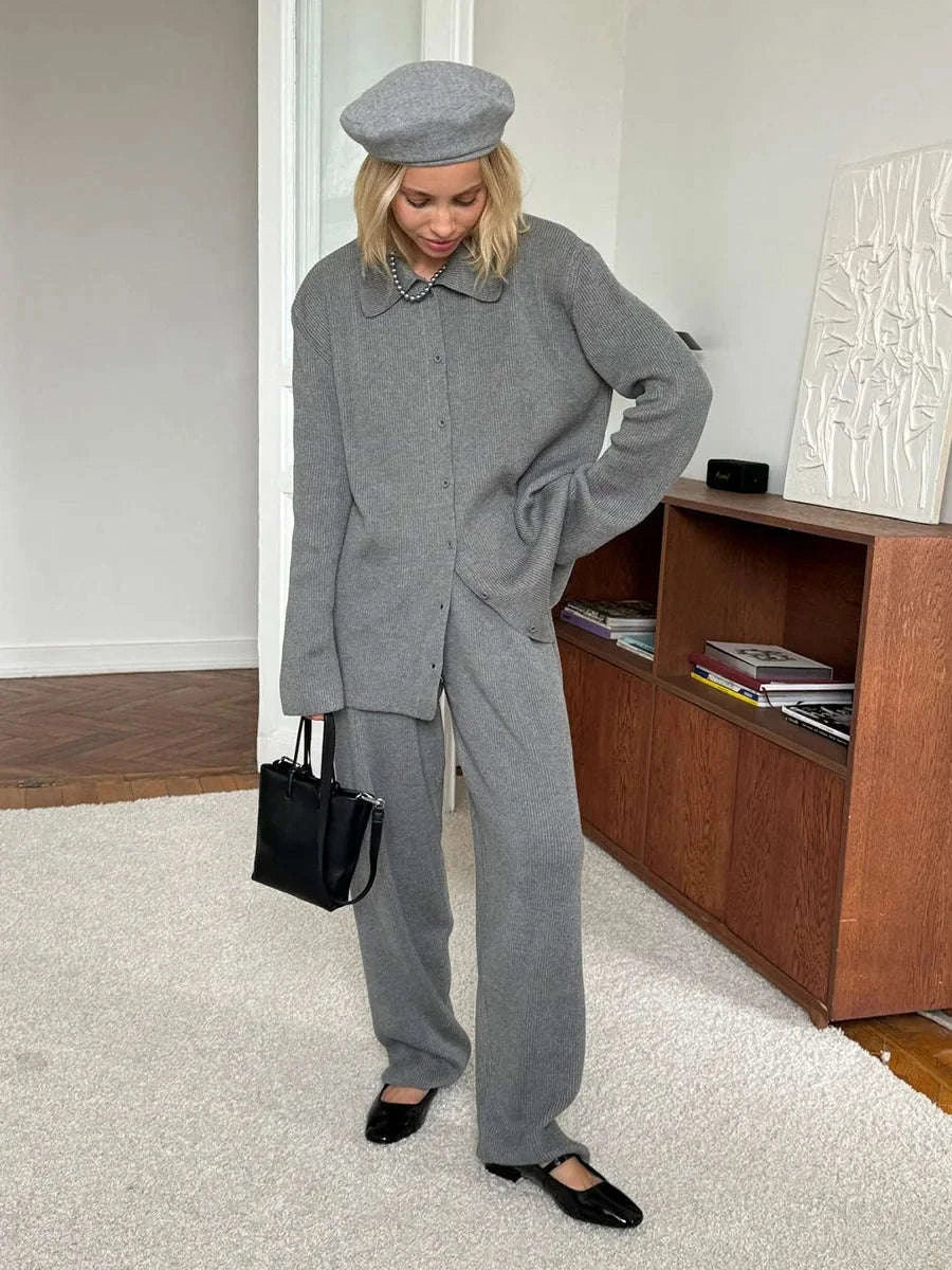 Women's Cozy Knit Cardigan and Pants Set – Warm 2 Piece Outfit-Apricot / M