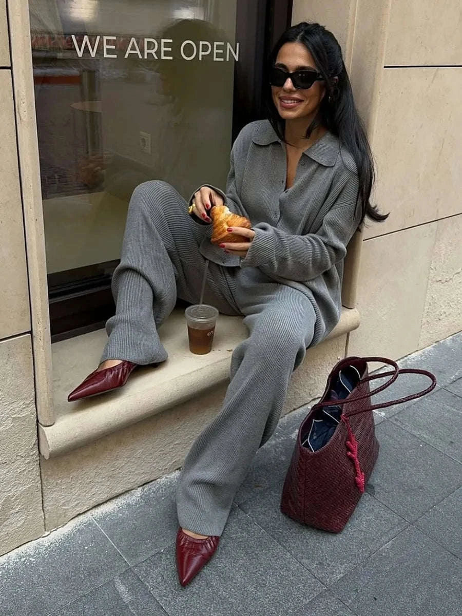 Women's Cozy Knit Cardigan and Pants Set – Warm 2 Piece Outfit-Apricot / M