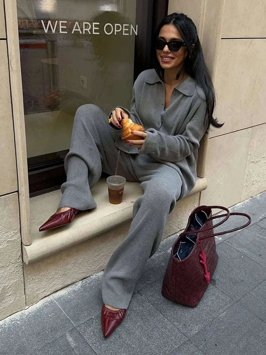 Women's Cozy Knit Cardigan and Pants Set – Warm 2 Piece Outfit-Apricot / M