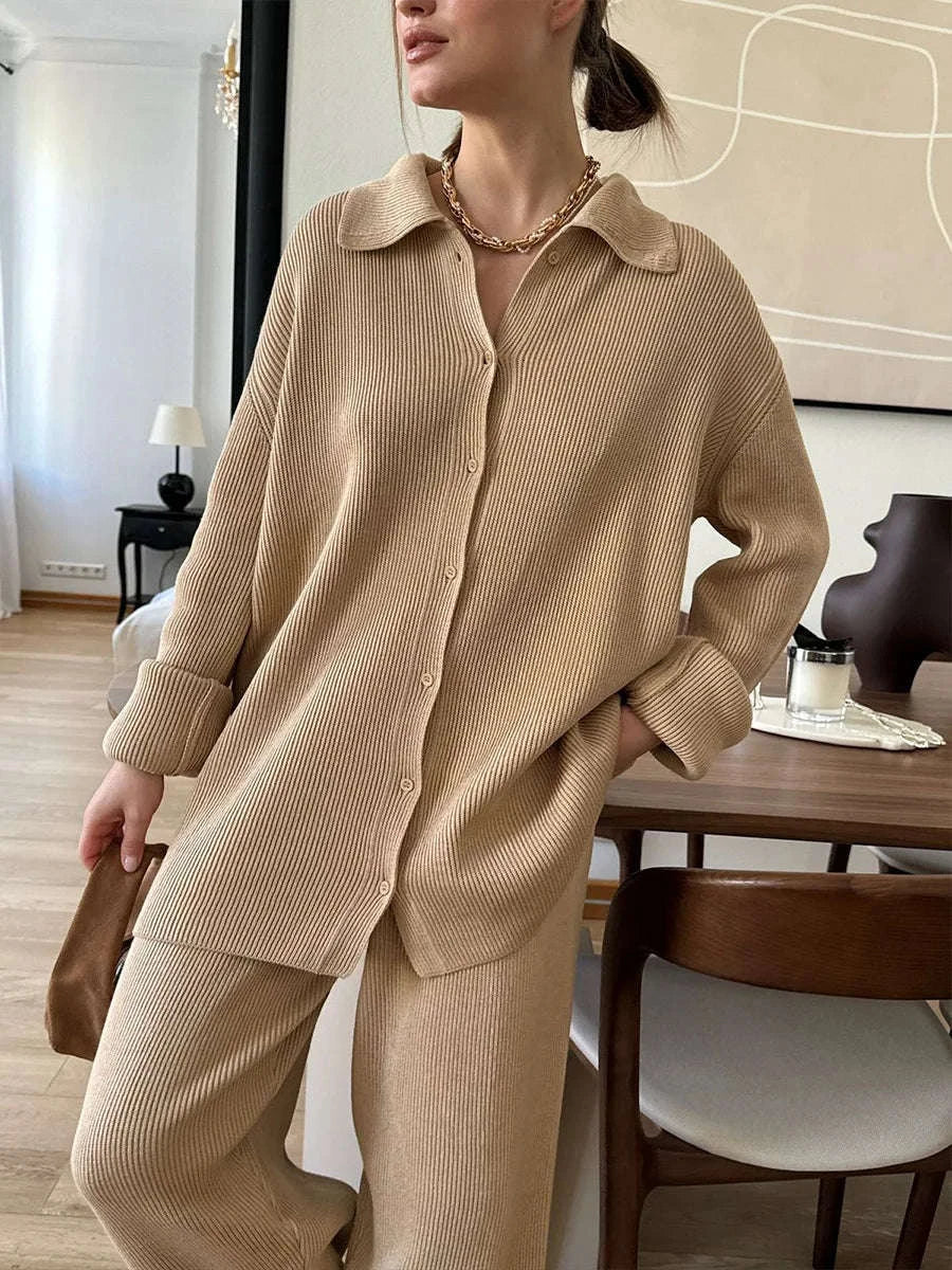 Women's Cozy Knit Cardigan and Pants Set – Warm 2 Piece Outfit-Apricot / M